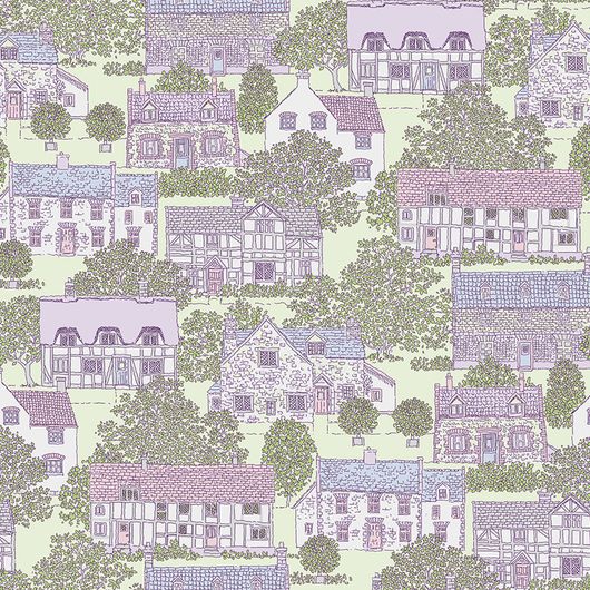 Флизелиновые обои в детскую с дизайнерским архитектурным узором сиренево фиолетовых домиков на оливковом фоне